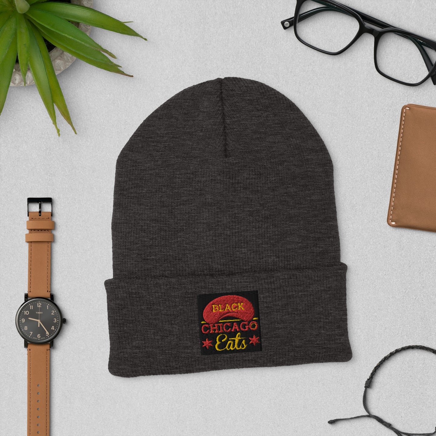 Cuffed Black Chicago Eats Beanie