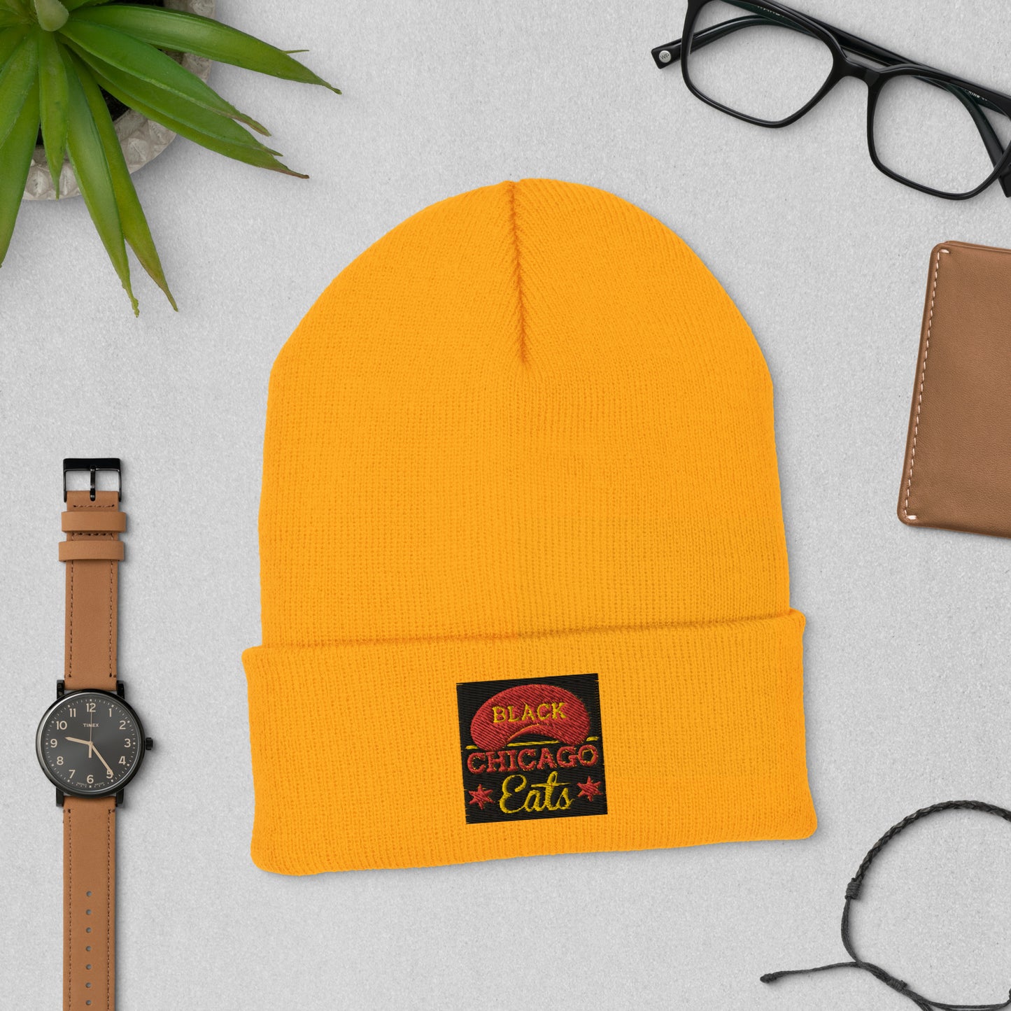 Cuffed Black Chicago Eats Beanie