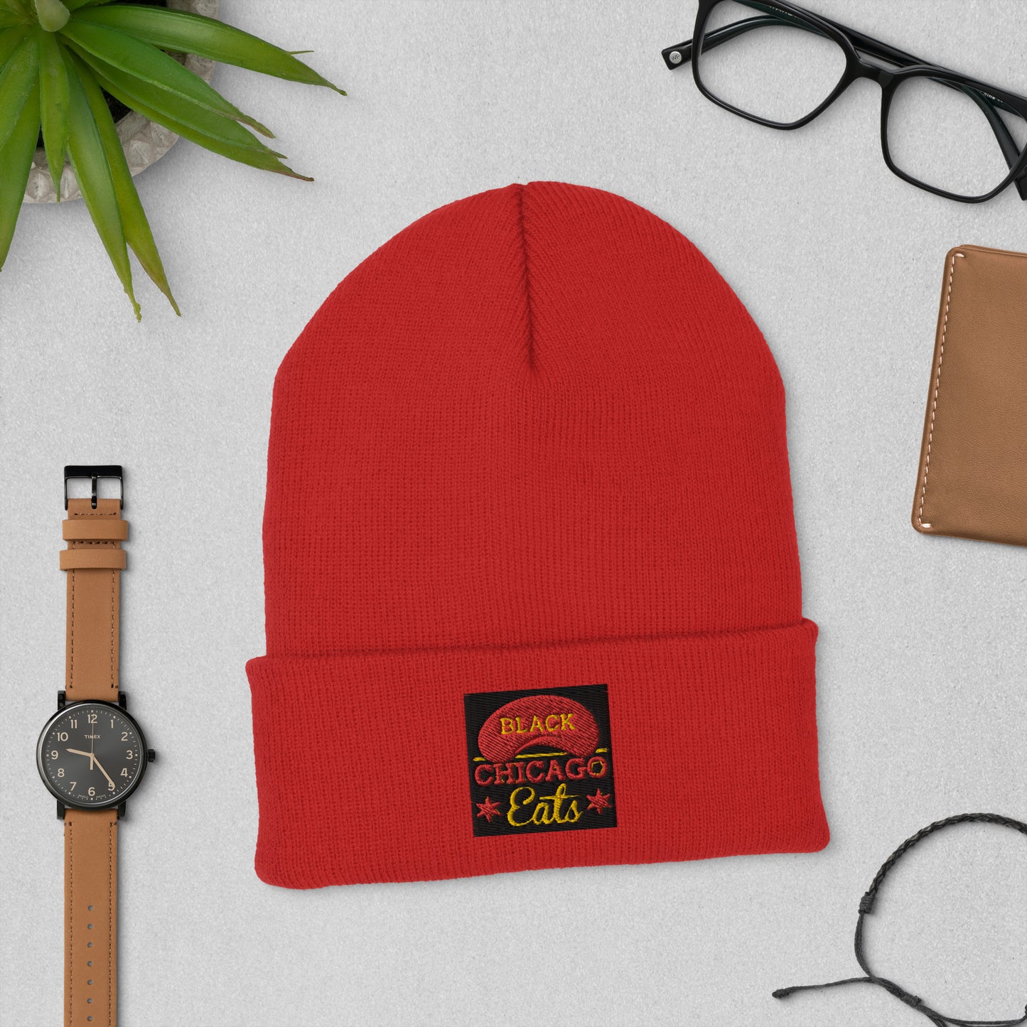 Cuffed Black Chicago Eats Beanie