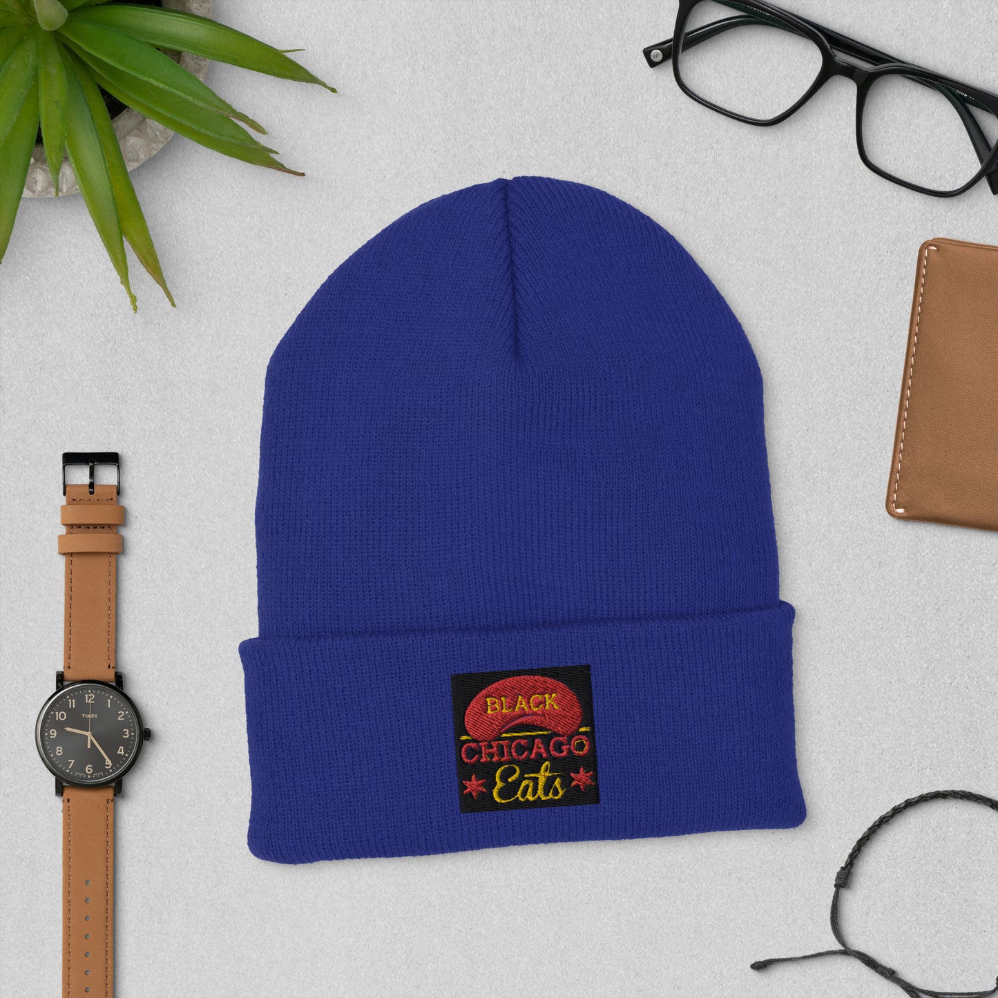 Cuffed Black Chicago Eats Beanie