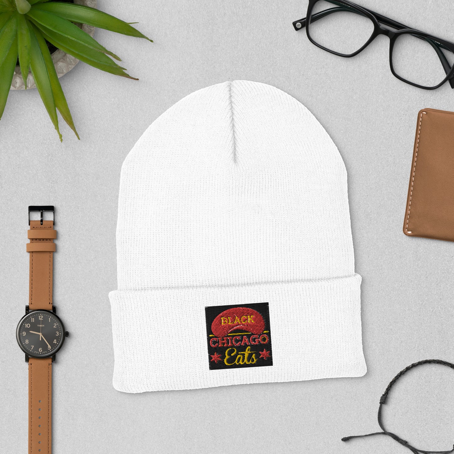 Cuffed Black Chicago Eats Beanie